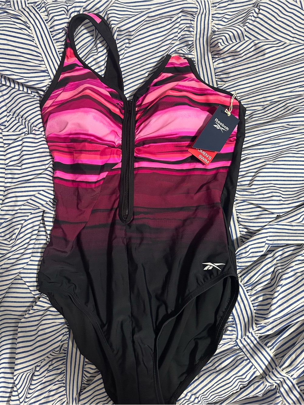 Reebok Women's Pink to Black Ombre Zip-Front One-Piece Swimsuit